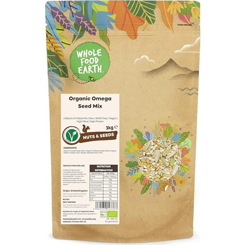Wholefood Earth Ekologiškas Omega sėklų mišinys 3 kg 4 sėklų mišinių mišinys Žalias be GMO, veganiškas Daug skaidulų Daug baltymų Iš kontroliuojamo ekologiško auginimo