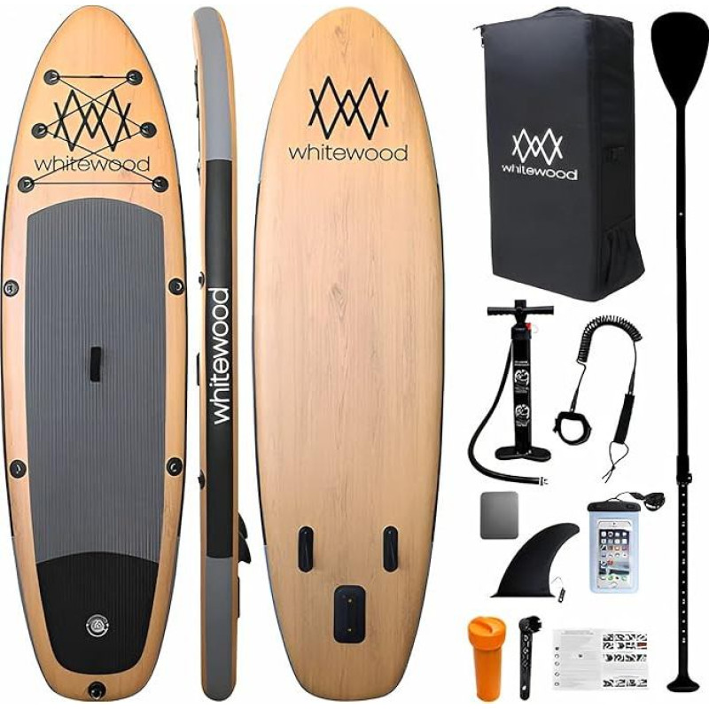 Whitewood SUP lenta Stand Up Paddle Aufblasbares 10-11' 305-335 cm Premium Design Holz iSUP, 180 kg talpa 2 arba 3 asmenims, su priedais - kuprine, Paddel, Pumpe, Pumpe, pavadėliu, wasserdichte Tasche