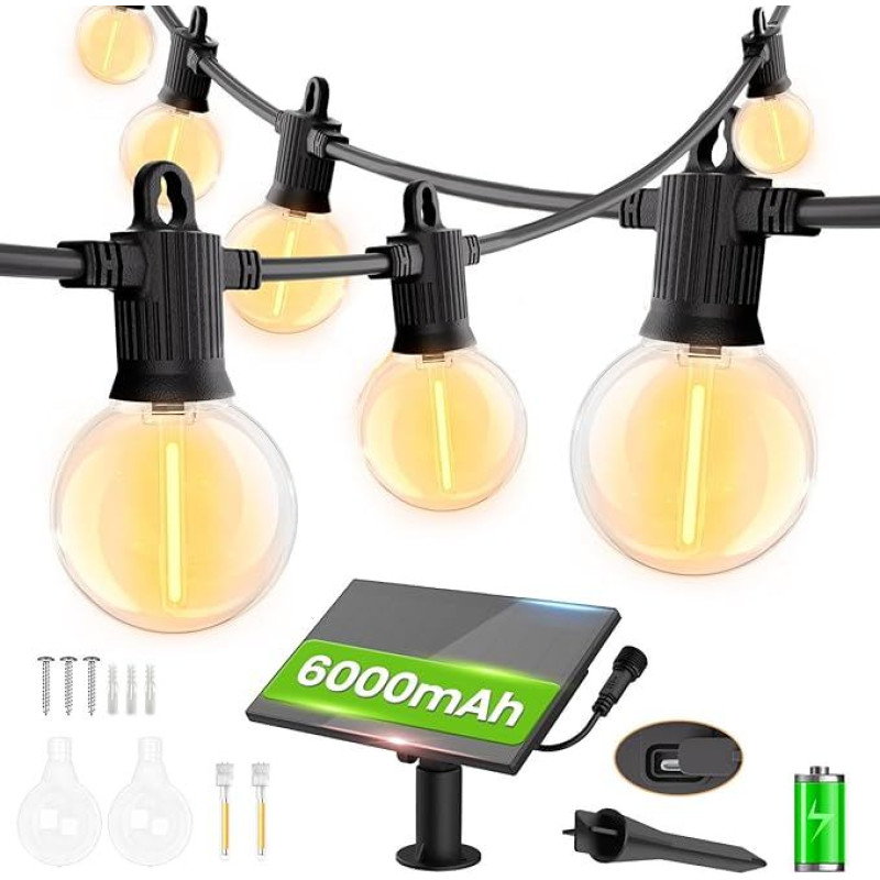 ZOTOYI Solar-Soffittenleuchten für den Außenbereich, 30 m, IP65 wasserdicht, mit 40 + 2 kugelförmigen bruchsicheren LED-Leuchtmitteln, G40 warmweiße Lichterkette für Hof, Pavillon, Zaun, Party-Dach