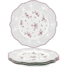 fanquare White Porcelain Dinner Plates Set of 4 Diameter 275 mm Flat Plates Royal Vintage, Pink Flowers Crockery Set for Catering and Household