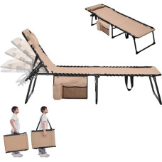 Yaheetech Foldable Sun Lounger with Cushion & Side Pocket & 5-Way Adjustable Backrest, Stable & Portable Beach Lounger Garden Lounger Camping Bed up to 120 kg for Outdoor Use, 189 x 57 x 38 cm, Beige