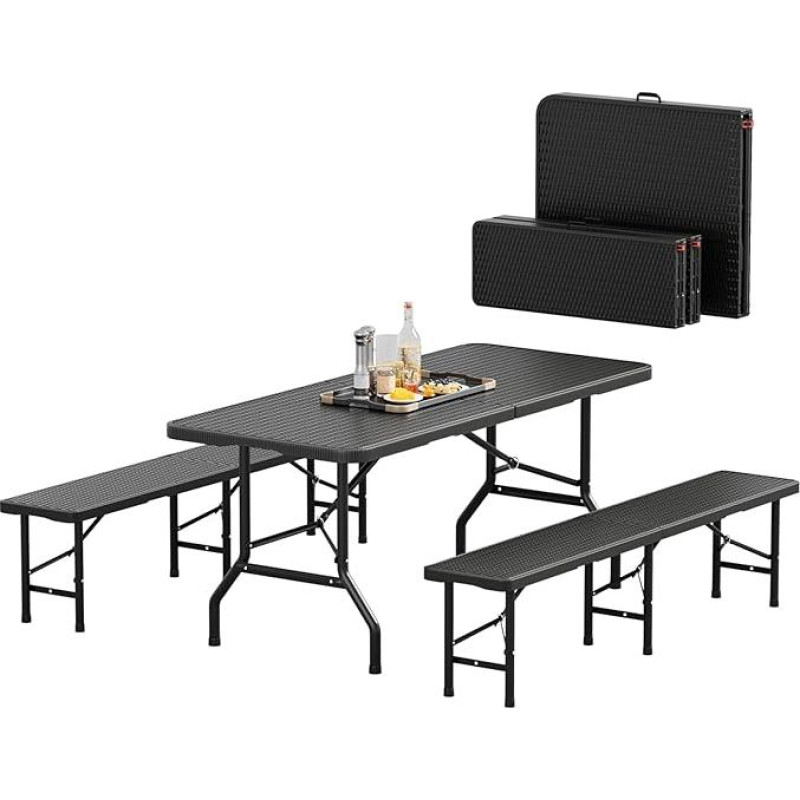 JUMMICO Alaus palapinių rinkinys, sulankstomas 3 stalų ir 2 x suolo rinkinys, rotango išvaizdos alaus stalų rinkinys, 180 x 74 x 74 cm, palapinių rinkinys, alaus sodas, alaus rinkinys sodui, vakarėliui ir stovyklavimui