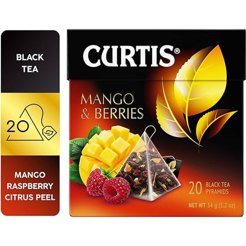 CURTIS Mango ir uogų juodoji arbata su apelsinų žievelėmis ir mango bei aviečių aromatu 20 piramidinių maišelių