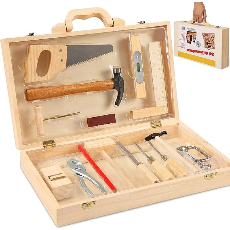 Herenear Vaikų įrankių dėžė, įrankių dėžė, vaikų įrankių Montessori žaislas, vaikų medinis žaislas, medinė įrankių dėžė nuo 2 metų, kalėdinė dovana, vaikų žaislų žaidimai