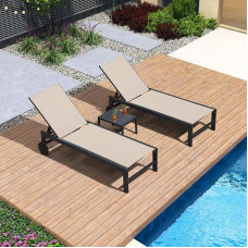 Purple Leaf Set of 2 Foldable Aluminium Textilene Garden Lounger with Wheels Adjustable Pool Lounger Outdoor Mobile Weatherproof Maximum Load 150 kg, Beige