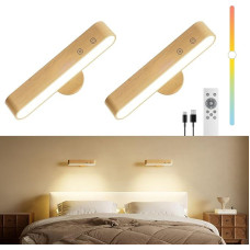 7500 mAh Battery Rechargeable Wall Lights for Bedroom, Wireless Wall Lights with Remote Control and Touch, 360° Magnetic Rotation, 3 Colours, Dimmable Wooden Wall Lights with 15 RGB Colours