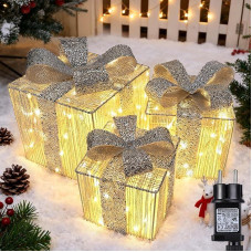 iBaycon Kalėdų apšvietimas Apšviestos dovanų dėžutės, 140 LED pasakų lemputės, lauko Kalėdos, laikmatis, sidabrinės dovanų dėžutės, Kalėdų dekoracijos, šiltos baltos spalvos kalėdinis apšvietimas, lauko, sodo, vejos, kiemo, 3 vnt.