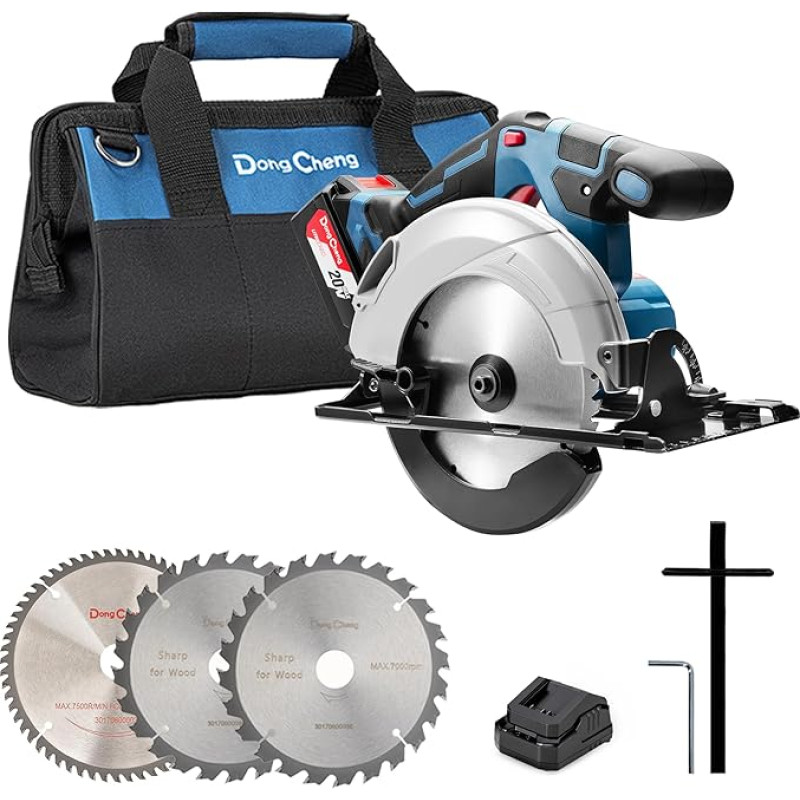 Dong Cheng DCMY165S 18 V akumuliatorinis diskinis pjūklas Skersmuo 165 mm, 5000 aps/min, pjovimo gylis 59 mm, 0-50° (įskaitant 165 x 20 mm skersmens pjūklo diską, akumuliatorių / įkroviklį, BOXX)