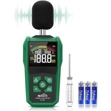Decibelų matuoklis, SQECH garso lygio matuoklis su spalvotu apšviestu ekranu, dB matuoklis su A/C reitingu, dB/SONE vienetai, greita/ lėta reakcija, 30-130 dB diapazonas