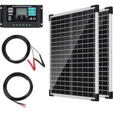 50 W saulės kolektorių 12 V rinkinys: 2 x 25 W monokristalinis fotovoltinis saulės modulis su 10 A įkrovimo valdikliu, 2 x ilgintuvu ir 2 x krokodilo spaustukais, skirtas stovyklavimui, karavanui, priekabai, valčiai