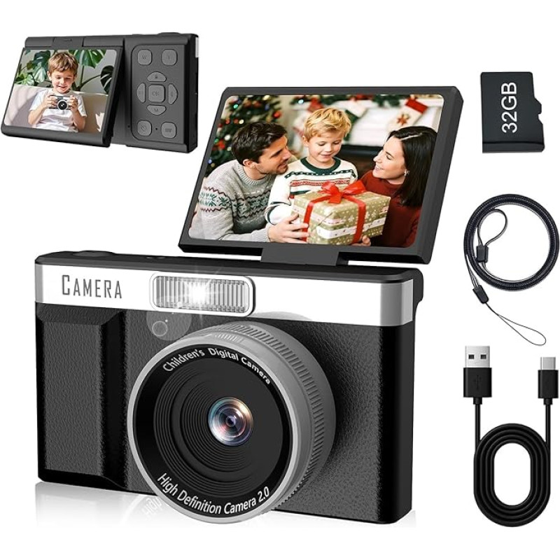 Vaikiškas fotoaparatas FHD1080P, 32 GB skaitmeninis fotoaparatas su atminties kortele, 2,4 colių LCD 180° pasukamas ekranas, 1200 mAh baterija, fotoaparatas vaikams, vaikiškas fotoaparatas, 5 galvosūkių žaidimai, dovanos vaikams