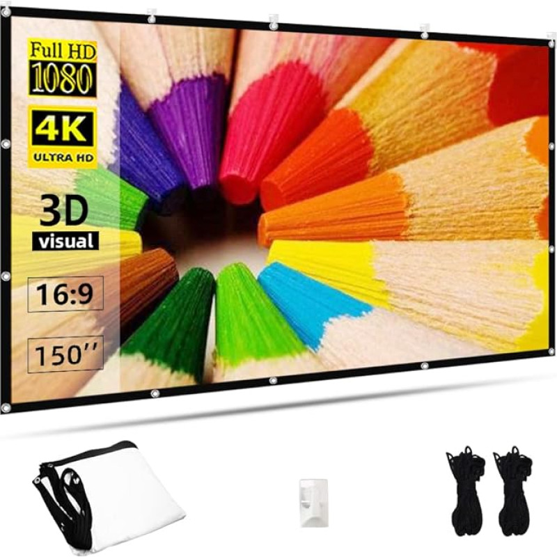 TOWOND 16:9 HD projektoriaus ekranas 150 colių sulankstomas ir nešiojamas dvipusis lauko kino ekranas su apsauga nuo raukšlių, skirtas namų kinui 130 x 73 coliai