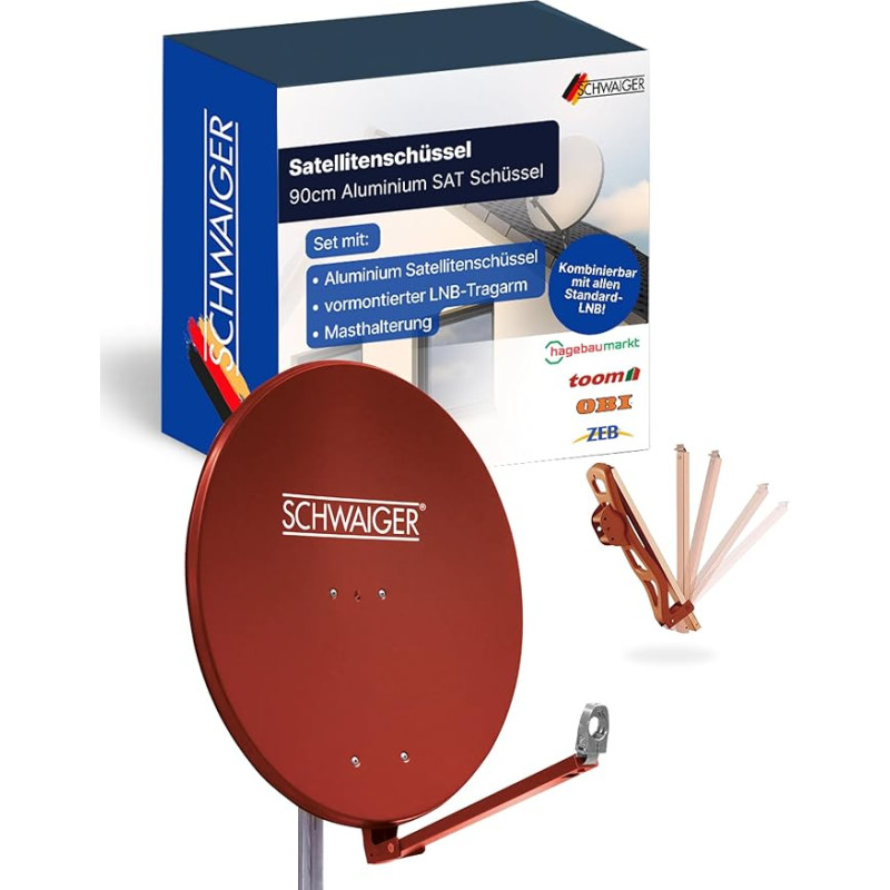 SCHWAIGER palydovinė antena I 90 cm skersmens aliumininė antena su poslinkiu, plytų raudonos spalvos I Daugialypė tinkama ir atspari oro sąlygoms I SAT dubuo su LNB atramine svirtimi ir stiebo laikikliu I Maksimali priėmimo galia 39,5 dB
