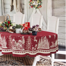 Kalėdinė ovali staltiesė, Kalėdų eglutė, briedis, Kalėdų senelis, snaigė, raudona, poliesteris, atspari vandeniui, atspari raukšlėms, patvari staltiesė šventėms, virtuvei, žiemai ir namų apdailai