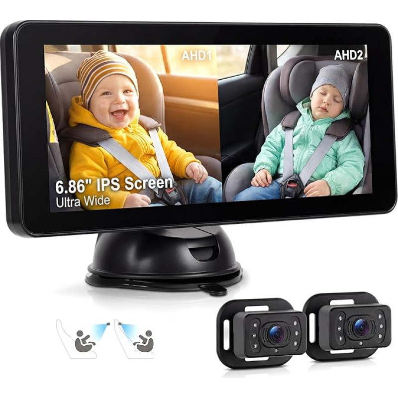 SIXTOP Kūdikių automobilinė kamera su 6,86 colių IPS monitoriumi, naktinio matymo ir 90° plataus kampo 2 HD galinės sėdynės kameros, saugus ir stabilus tvirtinimas automobiliui, visureigiui, furgonui, kad galėtumėte saugiai stebėti kūdikį