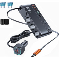 228W Auto Ladegerät Zigarettenanzünder Verteiler mit einziehbarem USB-C Kabel, 9-in-1 Multiport Auto Stromadapter mit Dual PD Schnellladung und LED-Spannungsanzeige-car USB Charger 3IN1