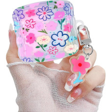 Newseego For Airpods 4 Case, Cute Floral Pattern Colorful Wave Frame Clear Case with Flower Pendant Airpods 4th Generation Protective Case Soft TPU Shockproof with Keychain
