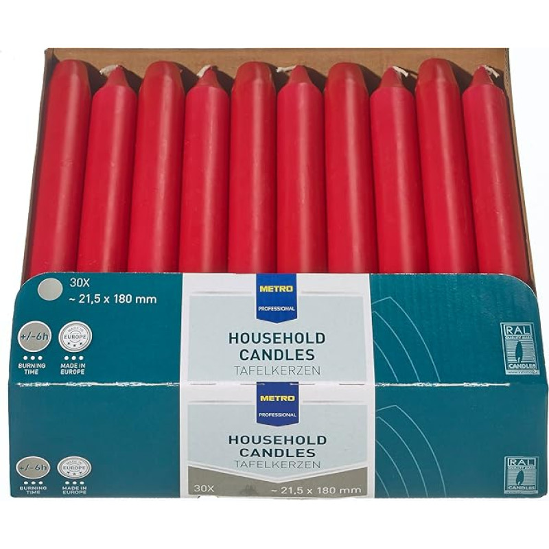 Metro Professional Dinner Candles, 21.5 mm Diameter (180 mm Long) 6 Hours Burning Time, Catering Supplies, Straight Household Candles, Made in Europe