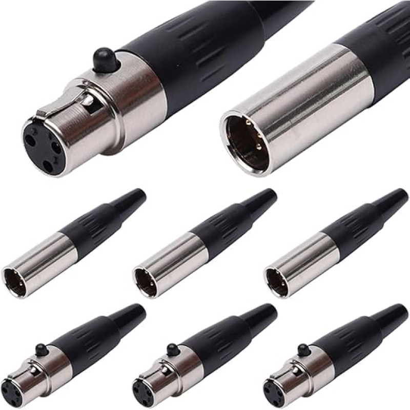 3 kontaktų mini XLR vyriškas, TA4F adapterio kištukas moteriškas ir TA4F adapterio kištukas, mini XLR galai, pakaitinis mikrofono garso kištukas (6 vnt.)