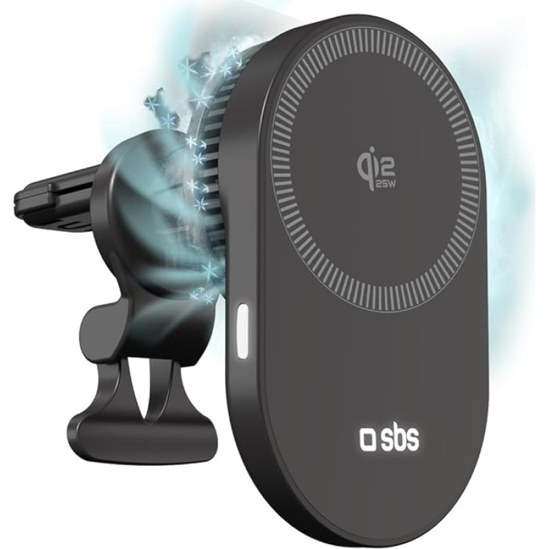 SBS Qi2 25W belaidis MagSafe įkroviklis, magnetinis automobilinis telefono laikiklis, oro ventiliacijos laikiklis, greitasis įkrovimas, USB-C maitinimo šaltinis, įkroviklis iPhone, Google Pixel, Samsung, juodas