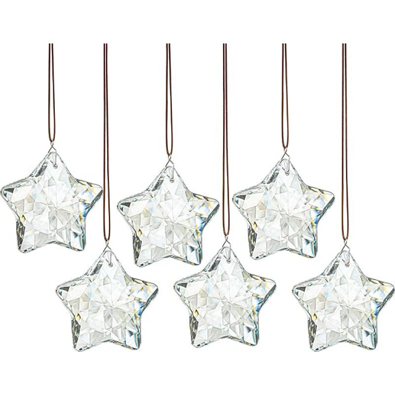 H&D HYALINE & DORA Pack of 6 Crystal Glass Christmas Ornaments Clear Faceted Glass Poinsettia Crystal Hanging Ornaments for Christmas Tree Winter New Year Party Supplies