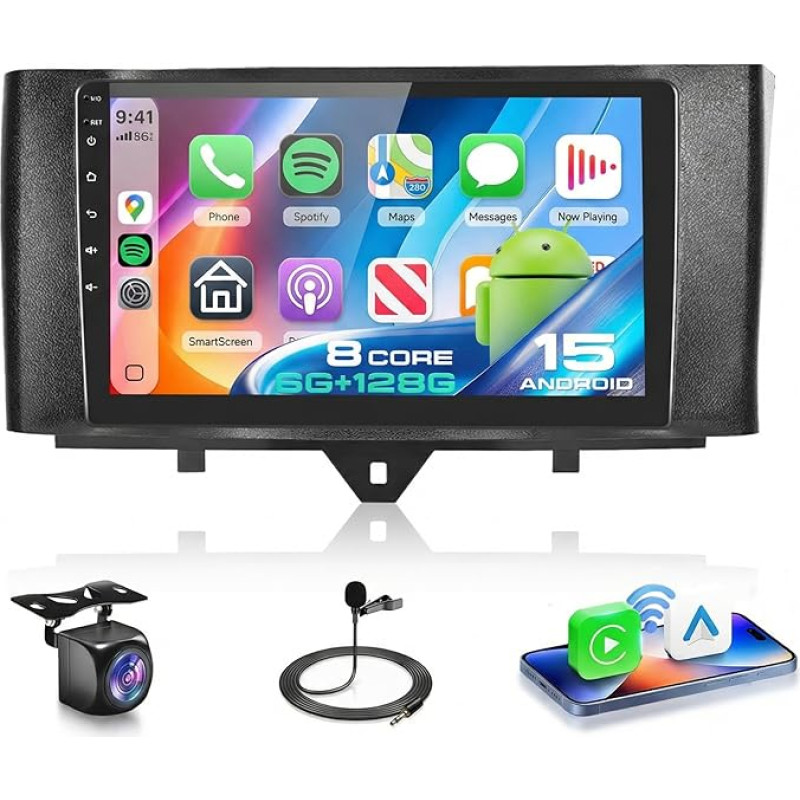 8 Kern 6G+128G Autoradio Android 15 für Mercedes-Benz Smart 2011-2015, 9'' IPS HD Touchscreen mit Drahtlos Carplay Android Auto DSP GPS Wi-Fi USB Bluetooth 5.0 FM RDS Radio Rückfahrkamera