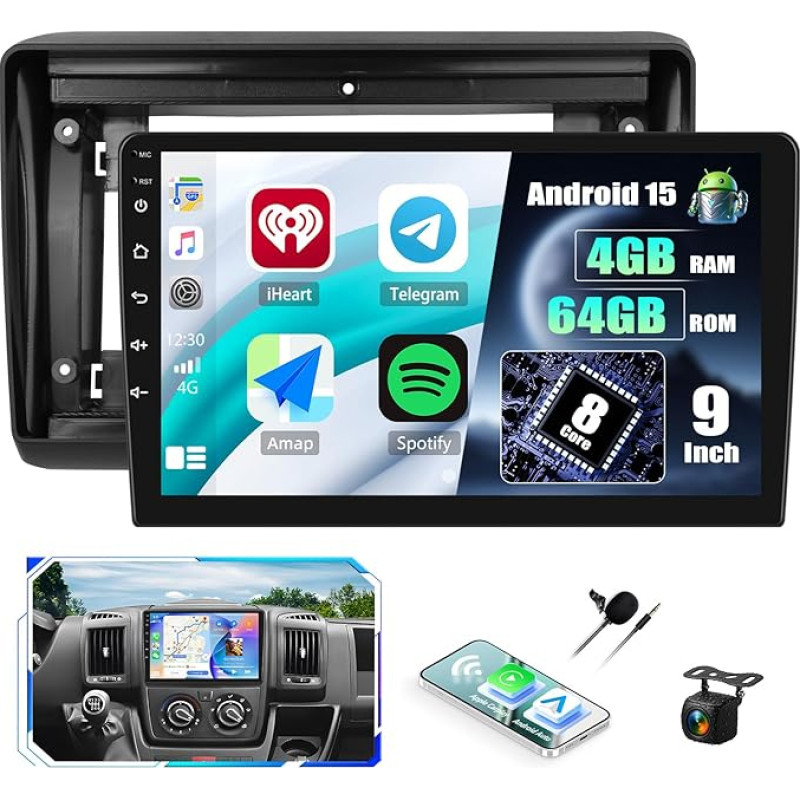 Qualcomm 8 branduolių CAMECHO [Android 15] 9 colių 4+64G automobilinis radijas Fiat Ducato 2010/Citroen Jumper/Peugeot Boxer su galinio vaizdo kamera, radijas su belaidžiu Carplay Bluetooth Android automobilinis FM/RDS DSP GPS