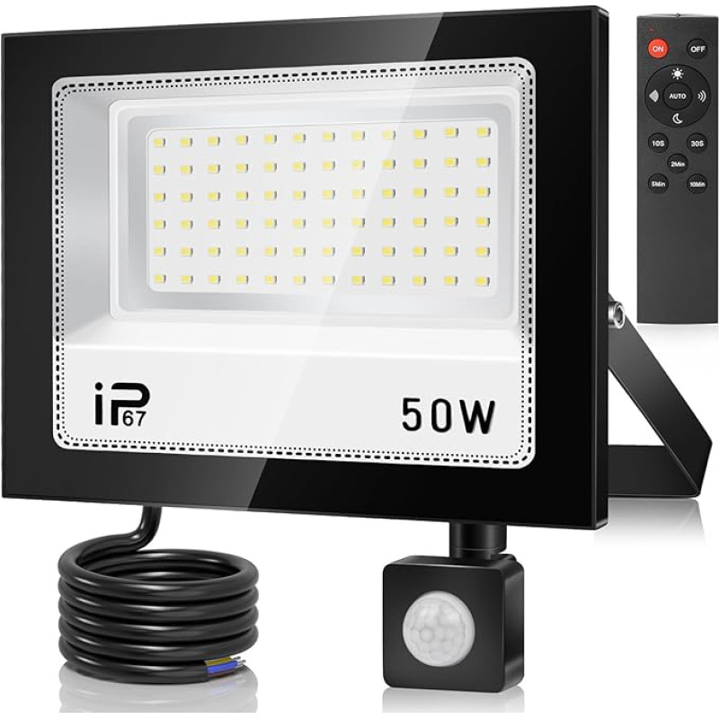 50W LED prožektorius su judesio jutikliu lauke, 5000LM 7000K itin ryškus prožektorius, IP67 vandeniui atsparus prožektorius su nuotolinio valdymo pulteliu, šaltai baltas lauko prožektorius sodui, garažui, sporto aikštelei, kiemui