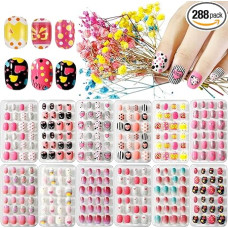 Kalolary 12 Boxes Children's Finger Gel, Rainbow Pattern Children's Art Gel Press On Nails Short Full Cover False Nail with 2 Pieces Double-Side Glue Nail Stickers Gift for Girls Nail Gel Gift