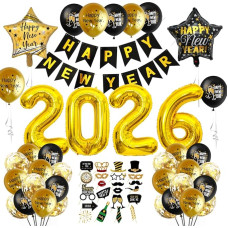 New Year's Eve Decoration 2026, XXL Decoration Set, New Year's Eve Decoration, Happy New Year 2026 Decoration, Garland + Foil Balloons + Photo Props + Confetti Balloons, Party Decoration Accessory for New Year's Eve Party