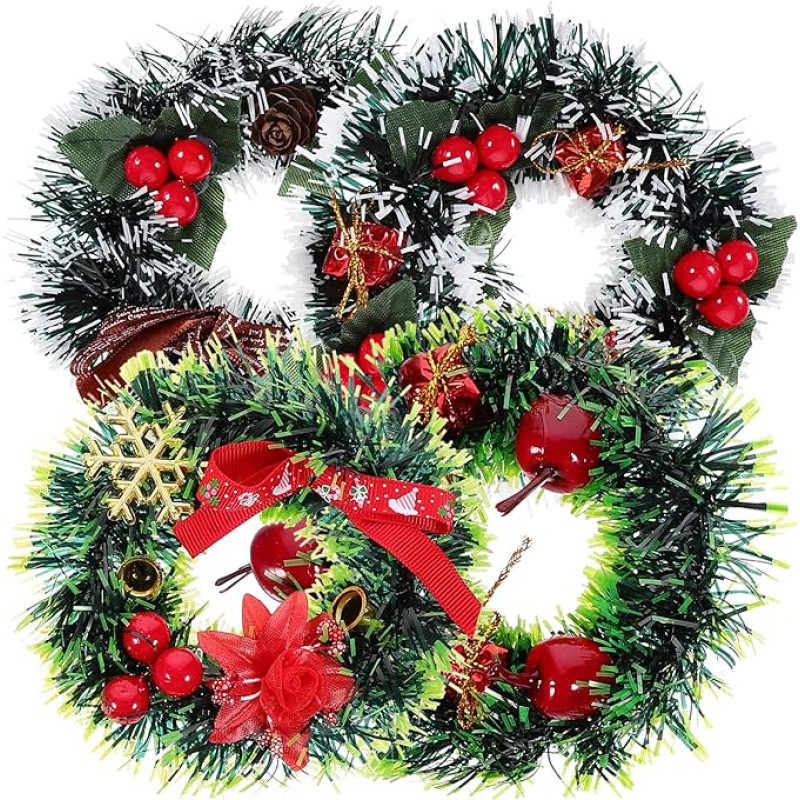 Toyvian 4 Stück Mini-Weihnachtskränze, künstliche kleine Weihnachtsgirlande für Zuhause, Party, Wand, Tür, Fensterdekoration, verschiedene Farben