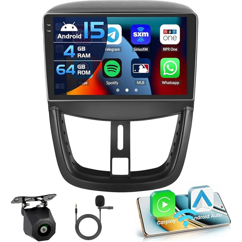 Inefala 4+64G Android 15 Autoradio für Peugeot 207 2006-2015 mit 9'' In-Cell Bildschirm Unterstützung Wireless Carplay und Android Auto Mirror Link Radio FM/RDS GPS WiFi BT SWC