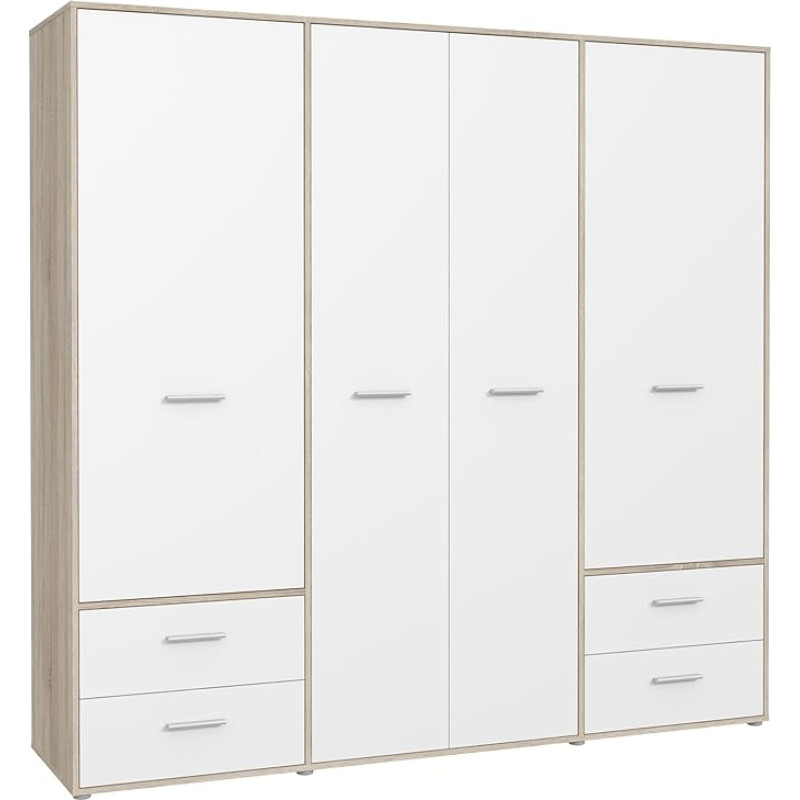 FORTE MOKKARO 200 210 drabužių spinta Miegamojo spinta su sukamosiomis durimis, 4 durys, 4 stalčiai, lentynos ir drabužių bėgelis, balta, 206 cm pločio x 200 cm aukščio x 53 cm gylio