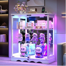 FREDEES stiklinė vitrina su LED apšvietimu - maža vitrina su užraktu ir reguliuojamomis lentynomis, 3 pakopų užrakinama vitrina, balta