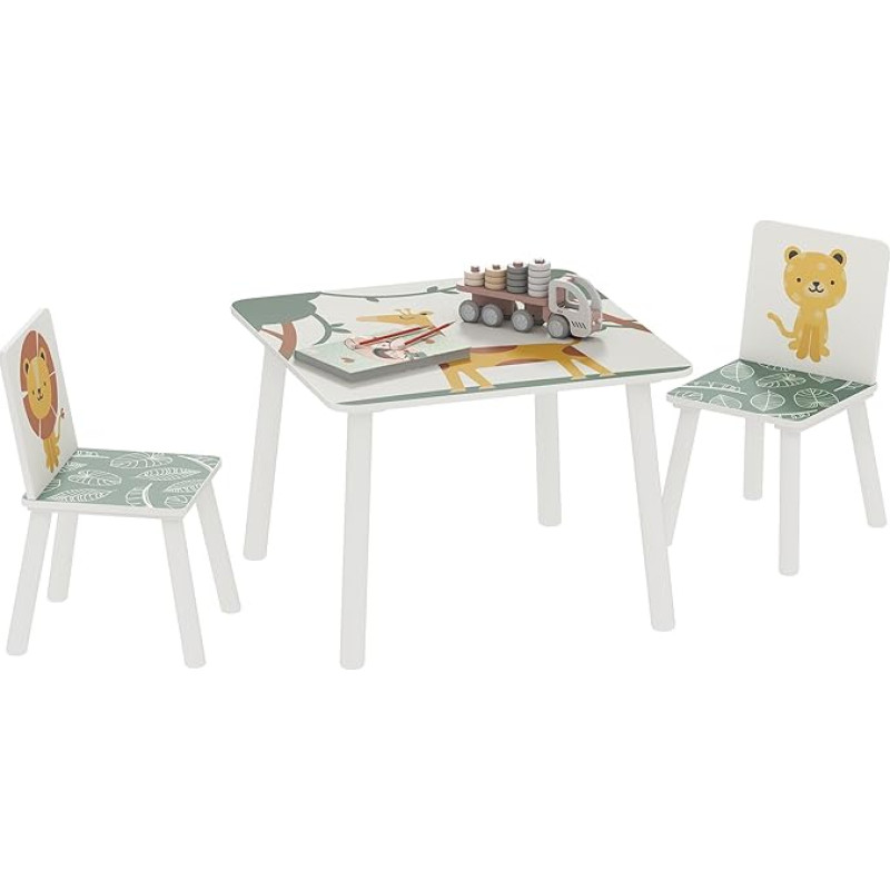AIYAPLAY Kindertisch mit Stuhl, Kindertisch und 2 Kinderstühle aus Holz zum Zeichnen, Spielen, Lernen, Tiermotive, für Zimmer, Krippe, Spielzimmer, Mädchen & Jungen 3-8 Jahre, grün
