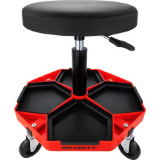HASKYY Dirbtuvių taburetė 43-58 cm Maksimali apkrova 150 kg Paminkštinta dirbtuvių sėdynė su 360° ratukais ir daiktadėžėmis Juoda/raudona