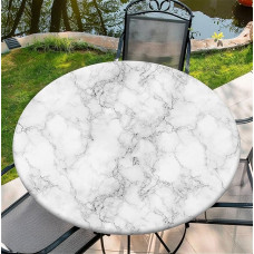 Outdoor Weatherproof Round Tablecloth with Elastic Band, 60 in - 150 cm, Waterproof Elastic Tablecloth for Indoor and Outdoor Use, Wipe-Clean, Wrinkle-Free, Decorative with White Marble