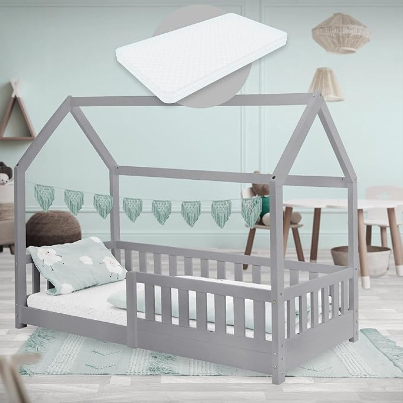 ML-Design Vaikiška lova 80 x 160 cm šviesiai pilka su čiužiniu, apsauga nuo kritimo, stogelis, skersinis rėmas, medžio masyvo žaidimų lova, namų lova mergaitėms/berniukams, pušies medienos lova paaugliams lova