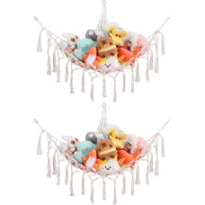 Cuddly Toy Storage Stuffed Toy Storage, Set of 2, Robust Handwoven Cotton Net with Metal Anchors & Hooks, Wall Decoration for Children's Room, Baby Room and Playroom (Cream)