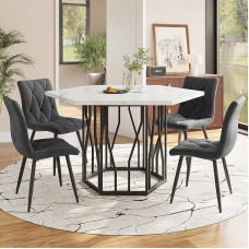Dining Table with 4 Chairs Set for 4 People, White Marble Dining Table 115.5 x 100 x 75 cm with Metal Legs and Grey Velvet Dining Room Chairs, Dining Room Furniture, Kitchen Furniture