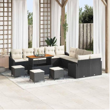 Modulares Terrassen-Set Schwarz, Gartensofa-Set 13-teilig mit Kissen und Stauraum als Outdoor-Sofa-Gruppe, Poly Rattan Gartenmöbel-Set mit 4 Armsofas, 6 Zweisitzern, 2 Hockern, 1