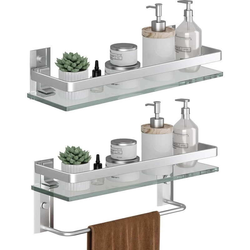 Danpoo Bathroom Shelves Wall Mounted Clear Tempered Glass Shelf with Towel Bar Towel Rack (Matte Silver)
