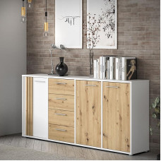 Forte Cardigan Chest of Drawers 180 Modern Chest of Drawers 3 Door with Slat Design 4 Drawers Living Room Bedroom Artisan Oak Wood Decor | White, 179.4 cm Wide x 82.3 cm High x 34.3 cm Deep