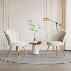 Velvet Dining Room Chairs • Shell Chair with Backrest & Armrests • Dressing Table Chair • Elegant Upholstered Chair • Accent Chair with Gold Metal Legs Accent Chair • White x 2