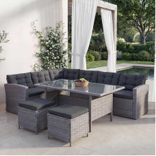 Mendler HWC-A29 Poly Rattan Garden Furniture Set Lounge Dining Table Set Sofa + 2 x Stools - Grey, Cushion Grey