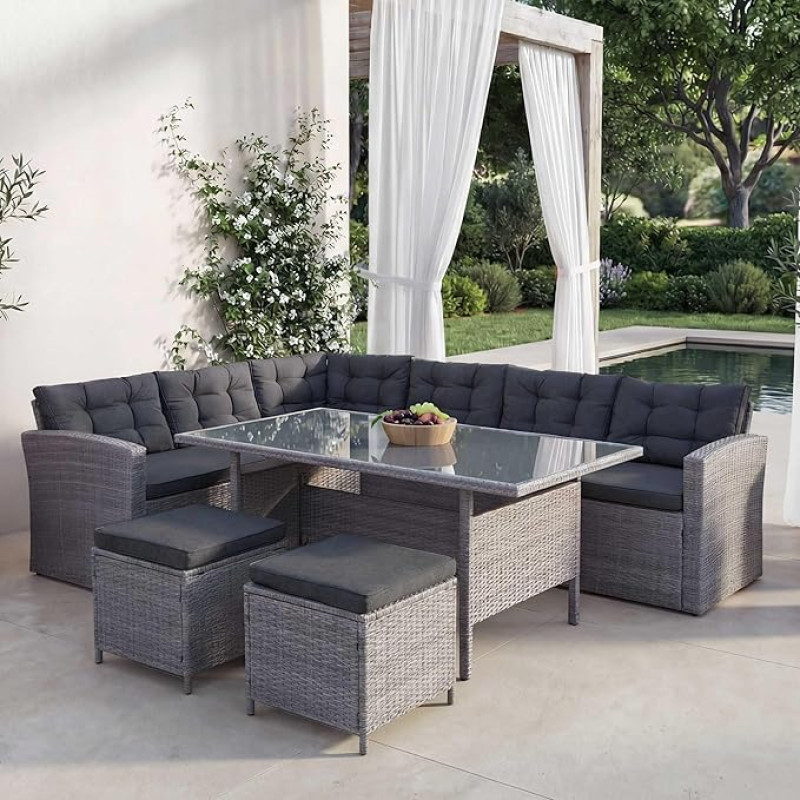 Mendler HWC-A29 Poly Rattan Garden Furniture Set Lounge Dining Table Set Sofa + 2 x Stools - Grey, Cushion Grey