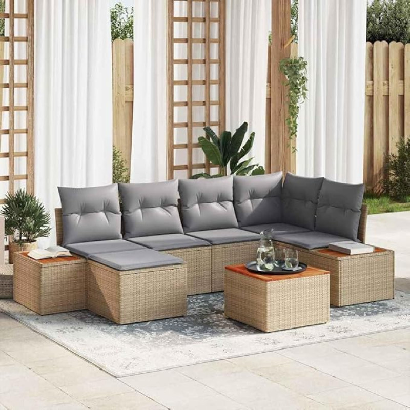 Gartensofa-Set 7-teilig in Schwarz Creme aus Polyrattan, Garten-Sofa-Gruppe 7 Stücke als Gartenmöbel-Set für draußen