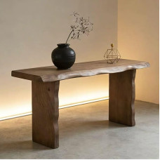 Konsole Massivholz mit Baumkante (4,5cm), Schmaler Konsolentisch bis 80kg, Moderner Mid-Century Sofa-Tisch Walnuss-Finish, Stabiler Beistelltisch für Flur & Eingang
