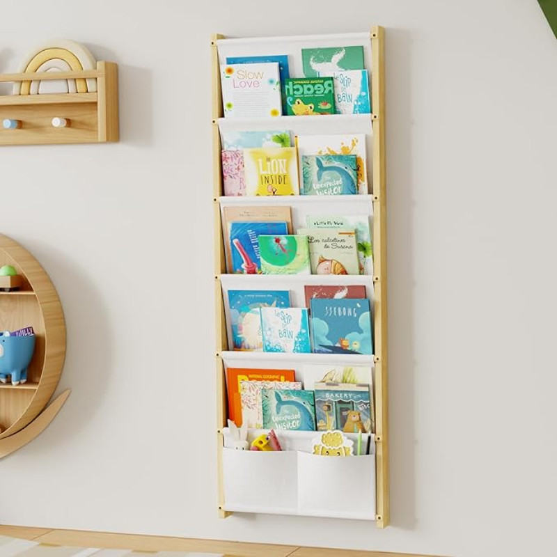Vaikų medinė knygų spinta su 6 sluoksnių kišenėmis Sieninė knygų lentyna Vaikų Montessori knygų spinta žaislams Vaikų kambarys Kūdikių kambarys Žaidimų kambarys Vaikų knygų lentyna 118 x 42 cm