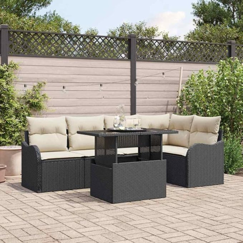 Lauko sofų rinkinys 6-teilig schwarz Poly Rattan mit Kissen und Tisch als Gartenmöbel-Set 6 Stück für Terrasse und Balkon